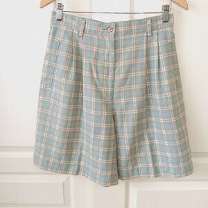Vintage Lizsport Women's Light Blue Plaid High-Waist Pleated Shorts Size 12